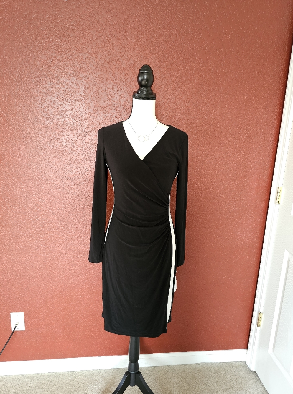 Chaps Black Long-Sleeve Wrap Dress with White Side Stripe